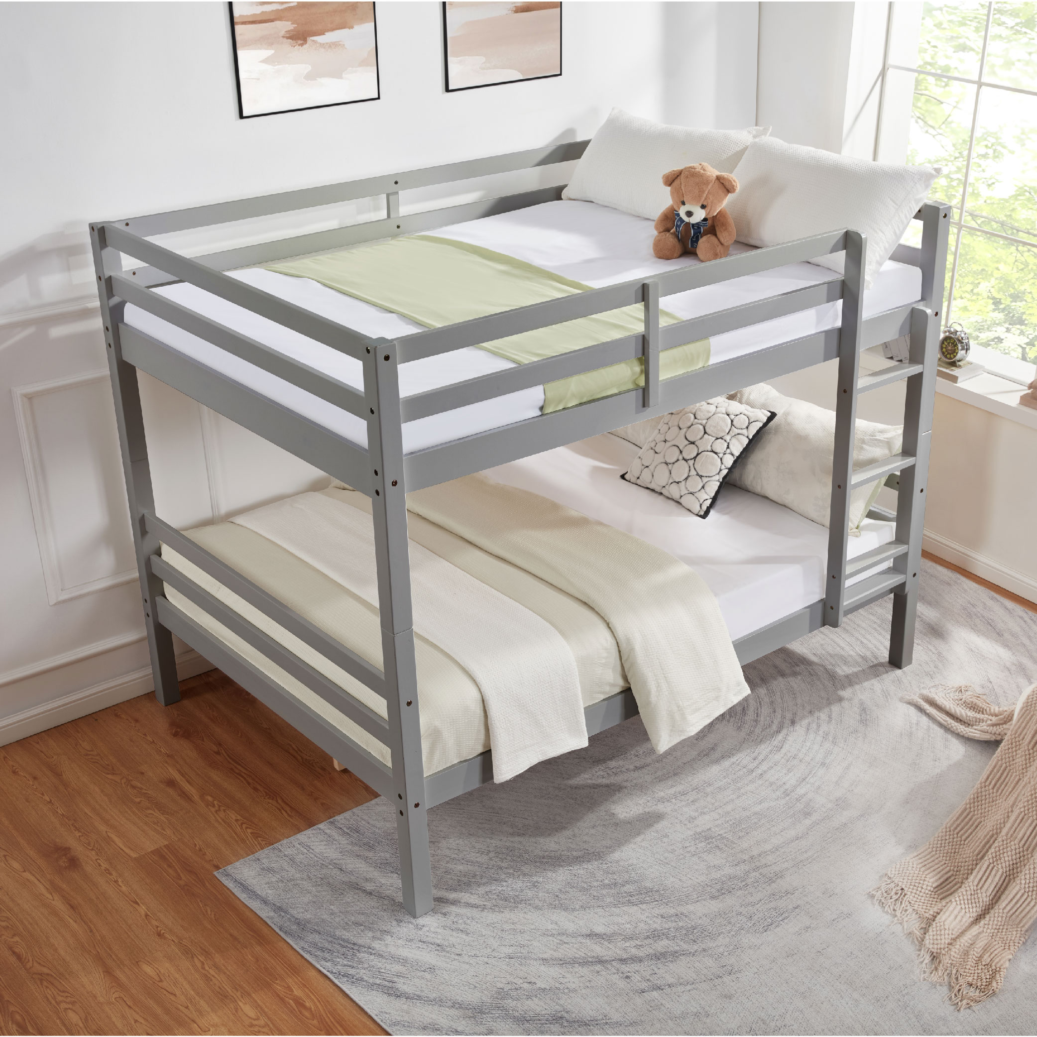 Full over Full Bunk Bed with Thick Posts,Wooden Bunk Bed with High Guardrail and Ladder for Kids, Teens, Dorm Rooms, and Guest Rooms,No Box Spring Needed, Grey Full over Full Bunk Bed with Thick Posts,Wooden Bunk Bed with High Guardrail and Ladder for Kids, Teens, Dorm Rooms, and Guest Rooms,No Box Spring Needed, Grey